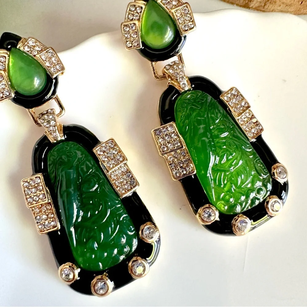 Vintage Style Faux Jade Inlaid Bird Earrings Chinese Art Deco Asian Gift NEW
